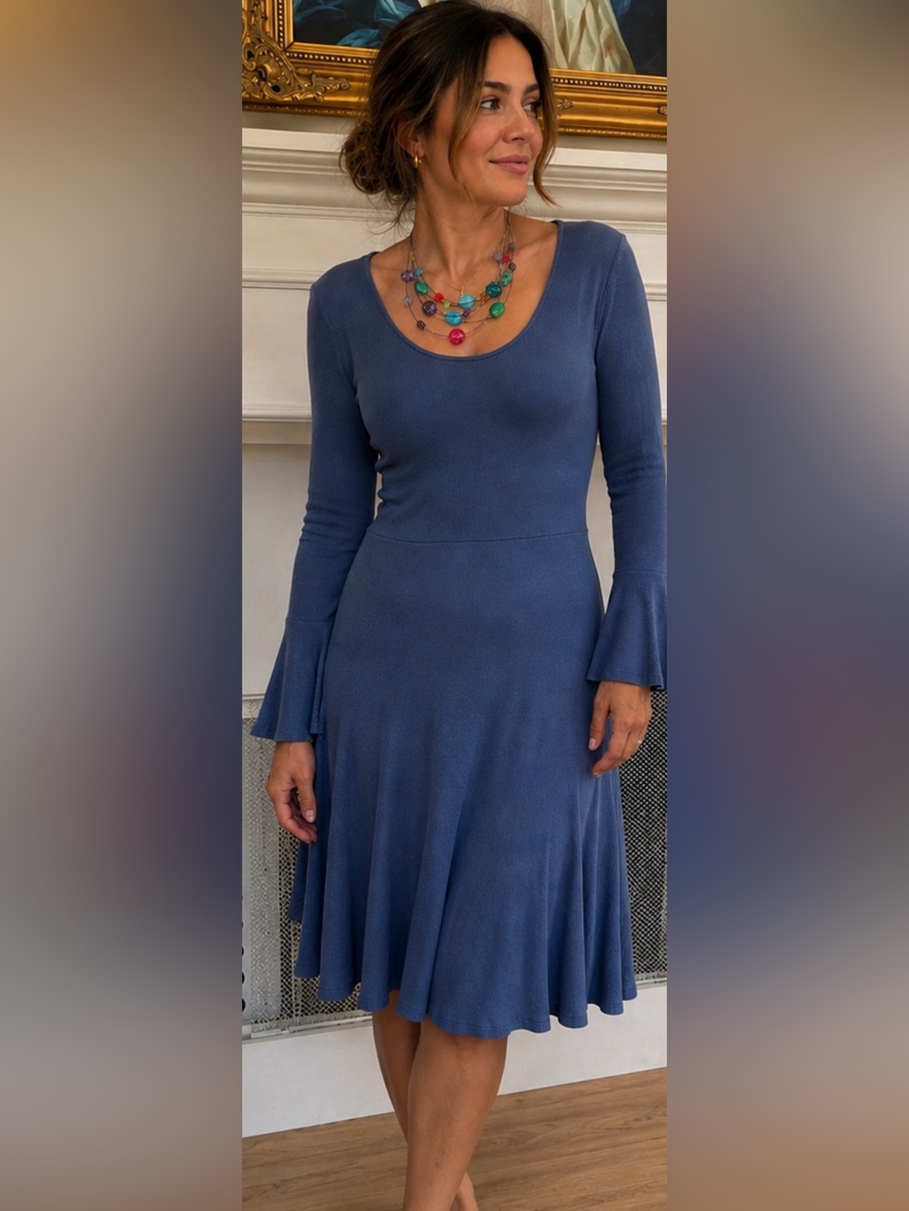 VGC Flounce Bell Sleeved Ribbed Dress Fit & Flare. Extra Small. Blue.💙🦋